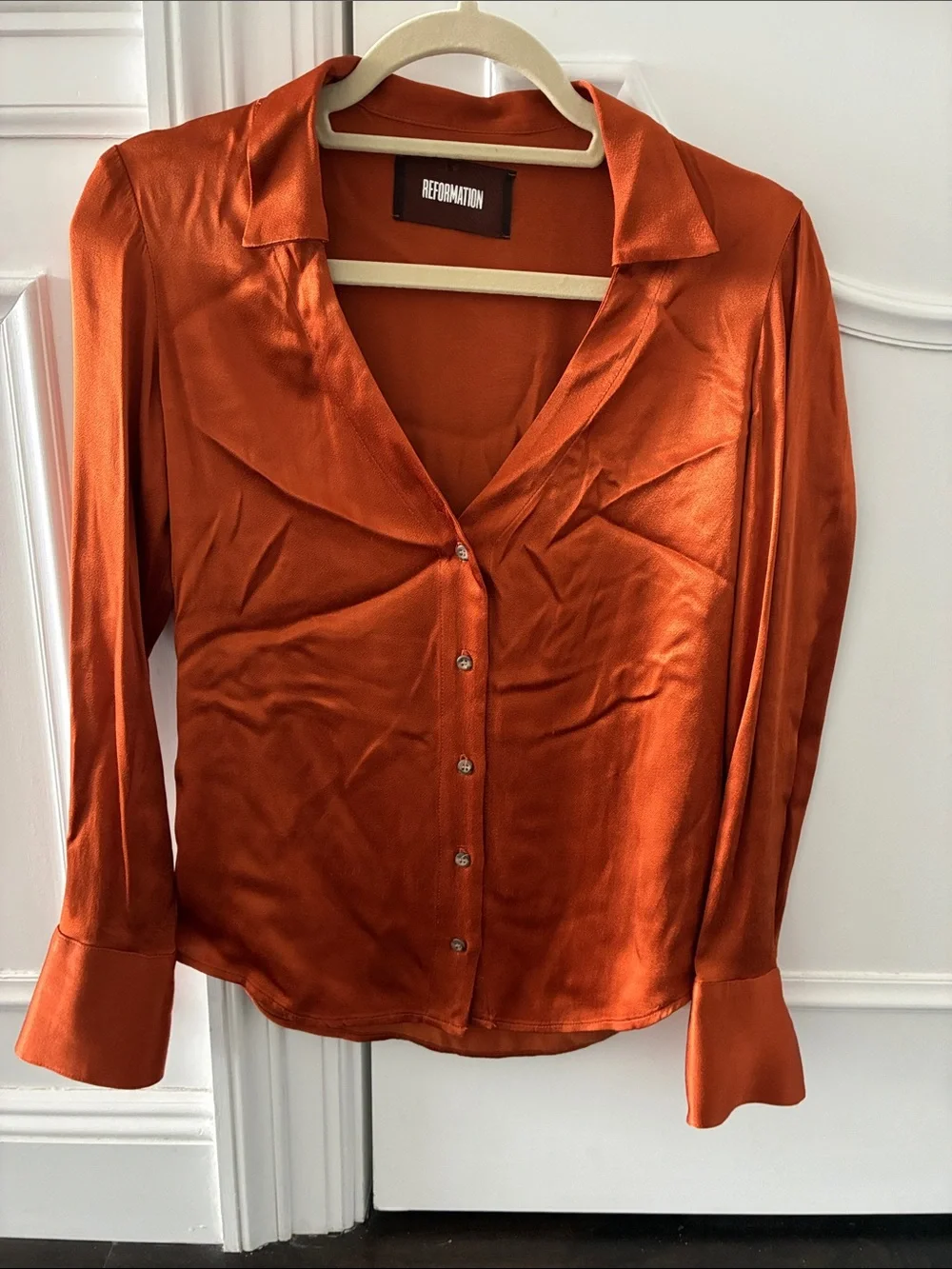 Reformation Burnt Orange Satin/ Silk Feeling Button-Down Shirt - Picture 3 of 9